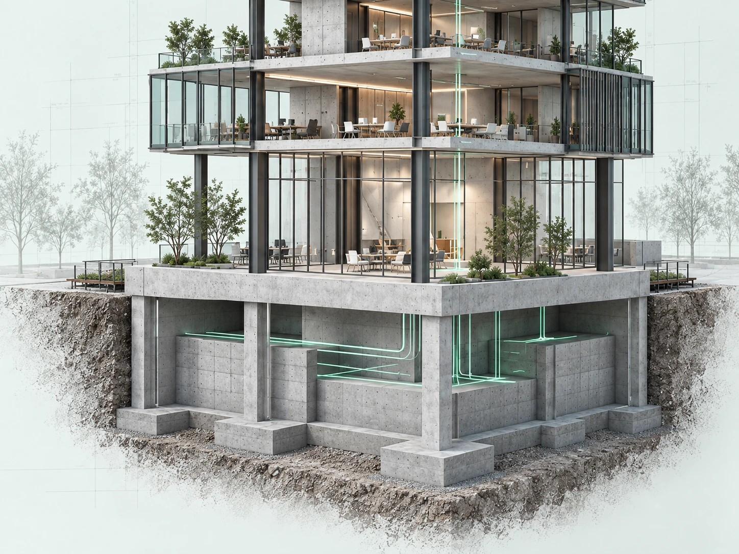 Detailed architectural illustration of concrete foundations and glass workspaces linked by mint connections