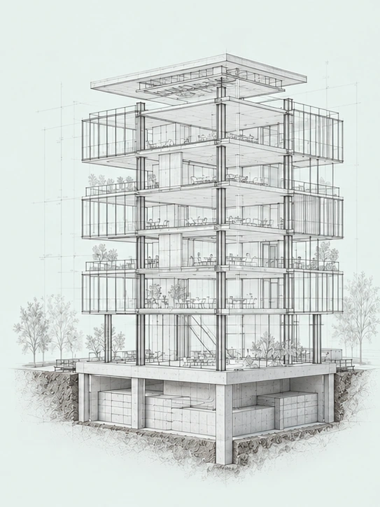 Architectural wireframe defining the building and its foundations