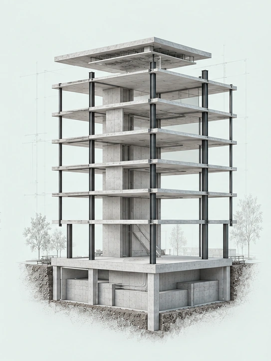 Concrete floors and graphite columns forming the open structural frame