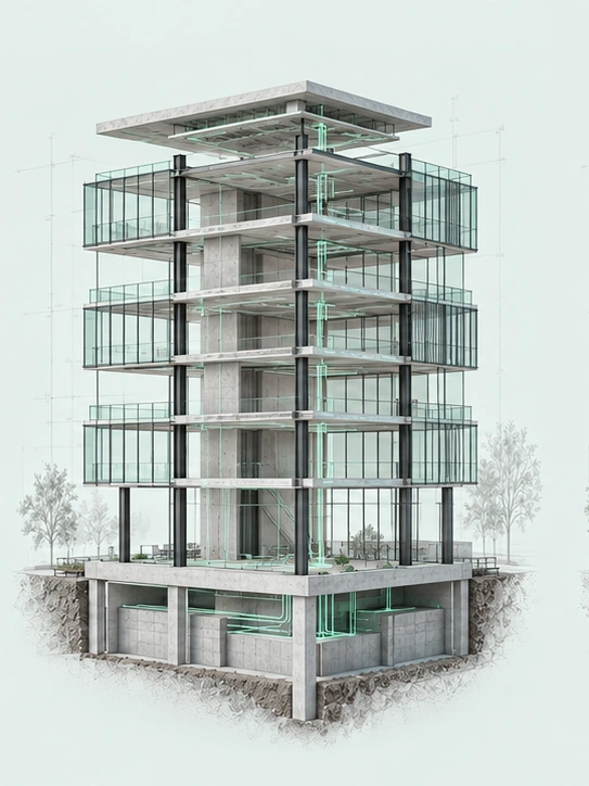 Glass and building services connected throughout the structure