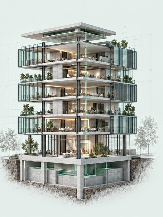 The completed building with warm workspaces and established planting